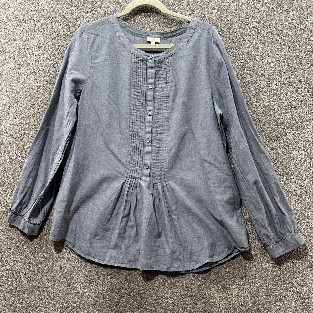 Talbots Blouse Top Women Large Gray Pintuck Long Sleeve Cotton Minimalist Office